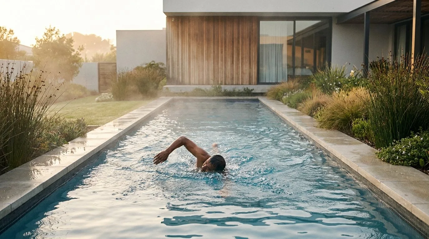 Swimmer doing freestyle in a backyard lap pool in the morning mist