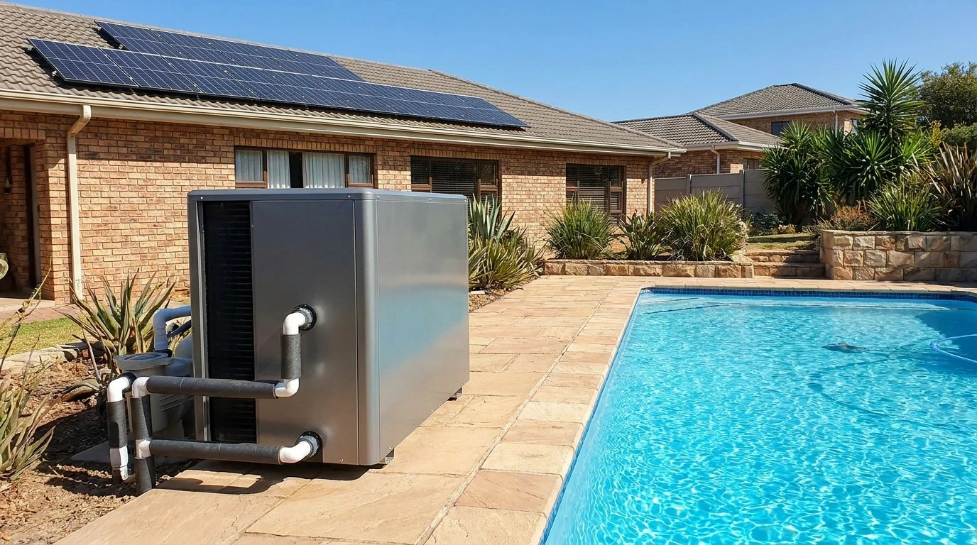 Grey pool heat pump installed beside a Highveld face-brick home with solar panels