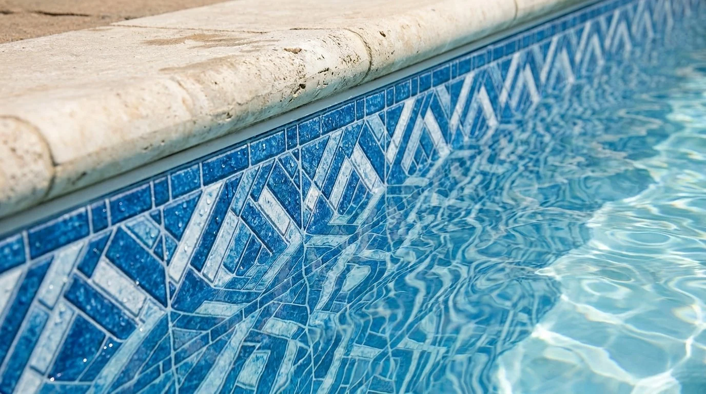 Close-up of a patterned blue vinyl pool liner meeting travertine coping