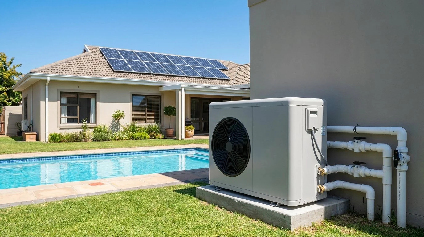 White pool heat pump and plumbing beside a South African home with rooftop solar panels