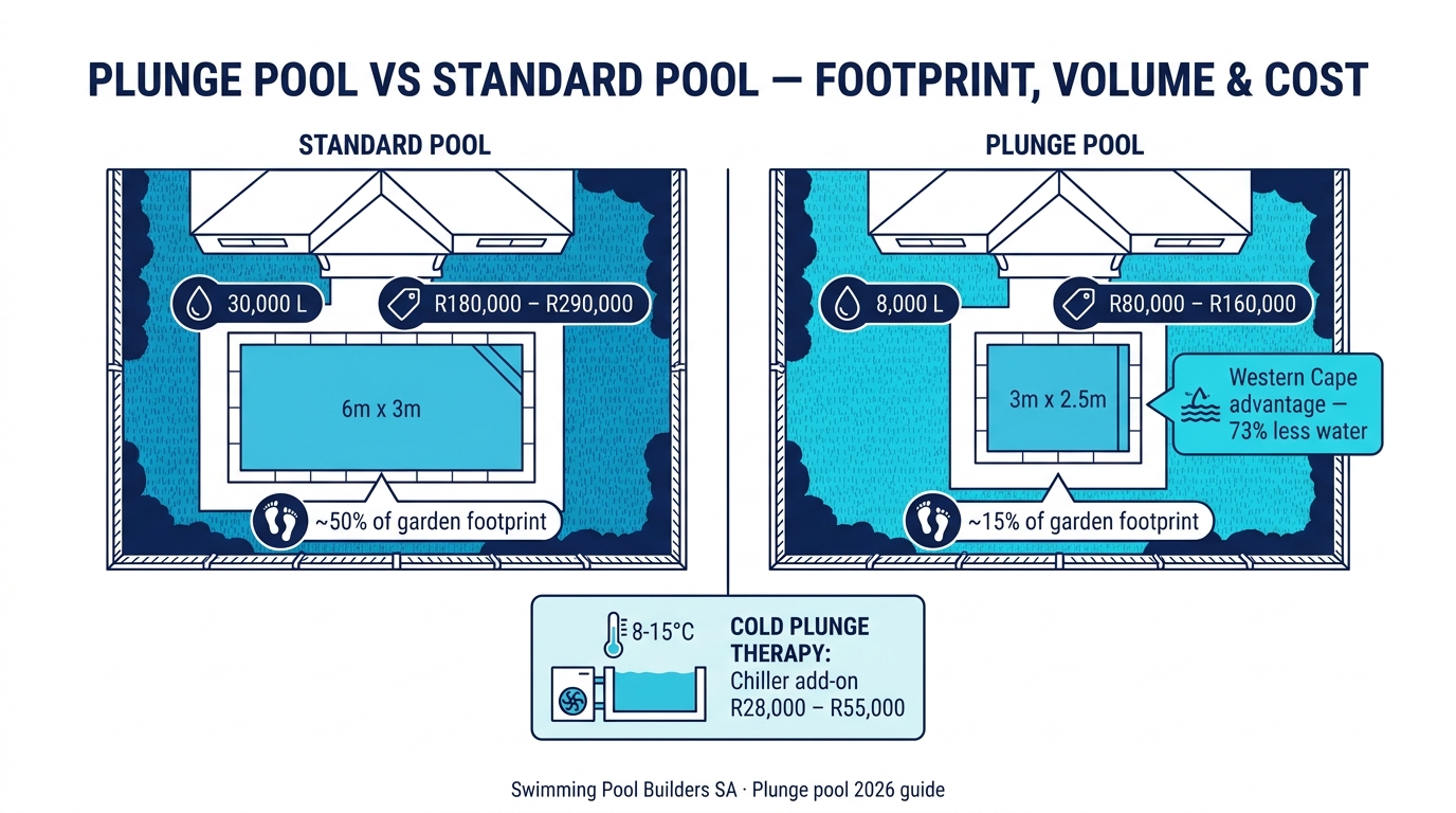 Side-by-side comparison of a 6m by 3m standard South African pool (30,000 litre water volume, R180,000–R290,000 cost, occupies roughly half the garden footprint) against a 3m by 2.5m plunge pool (8,000 litre water volume, R80,000–R160,000 cost, occupies roughly fifteen percent of the garden footprint, with 73 percent less water — relevant for Western Cape water restrictions) plus a cold-plunge chiller add-on at R28,000–R55,000 for 8–15°C therapy use.