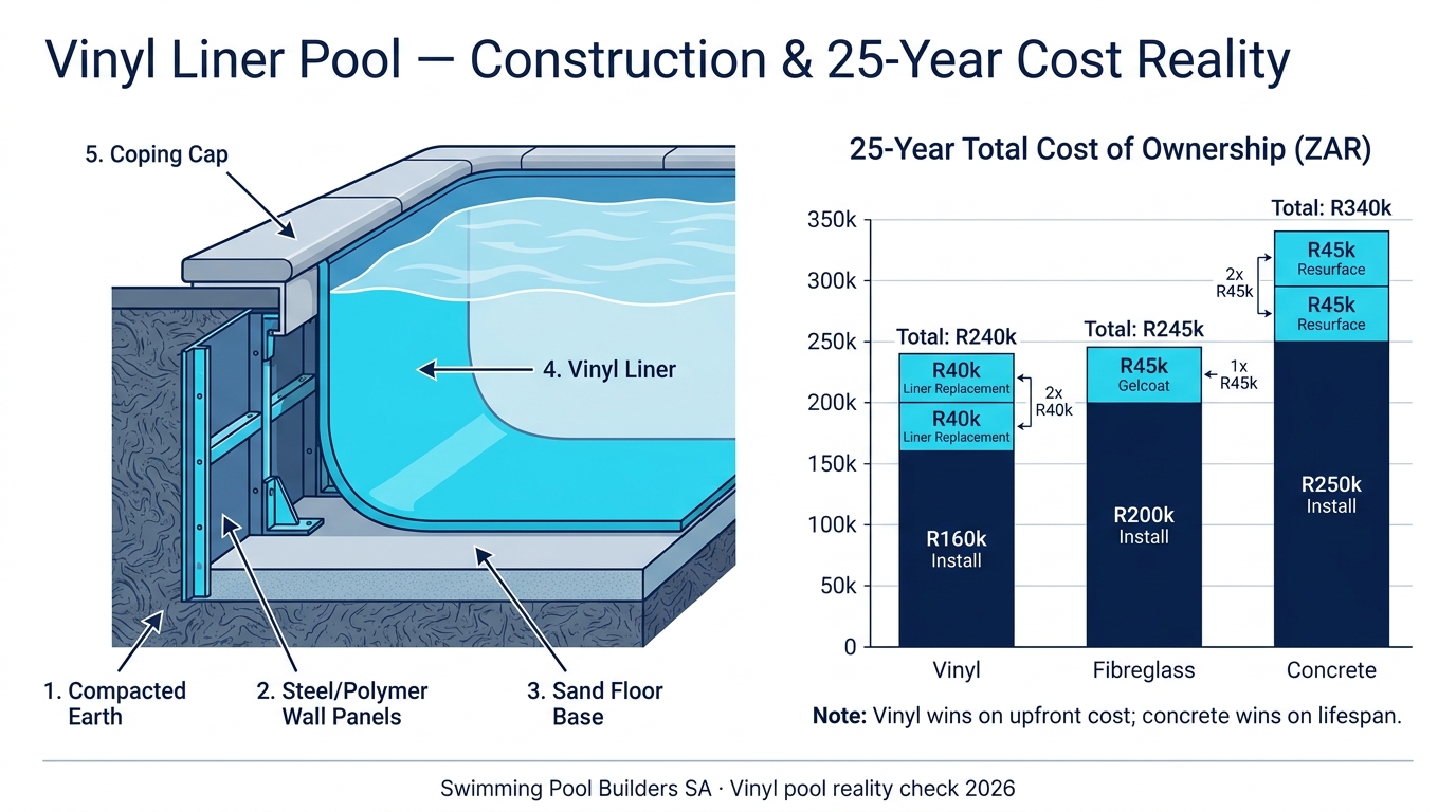 Vinyl liner pool cross-section diagram showing compacted earth sub-base, steel or polymer wall panels, sand floor base, vinyl liner and coping cap, paired with a 25-year total-cost-of-ownership bar chart comparing vinyl R240,000 (R160,000 install plus two R40,000 liner replacements), fibreglass R245,000 (R200,000 install plus one R45,000 gelcoat refresh) and concrete R340,000 (R250,000 install plus two R45,000 marbelite resurfaces) in Q2 2026 ZAR.