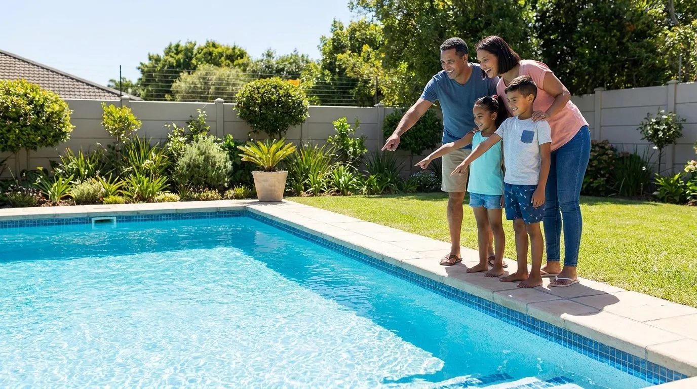 Family pointing happily at their newly finished swimming pool in a sunny garden