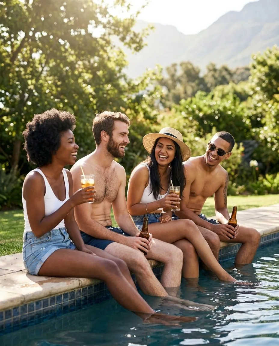 Friends sitting on the pool edge with feet in the water on a summer afternoon
