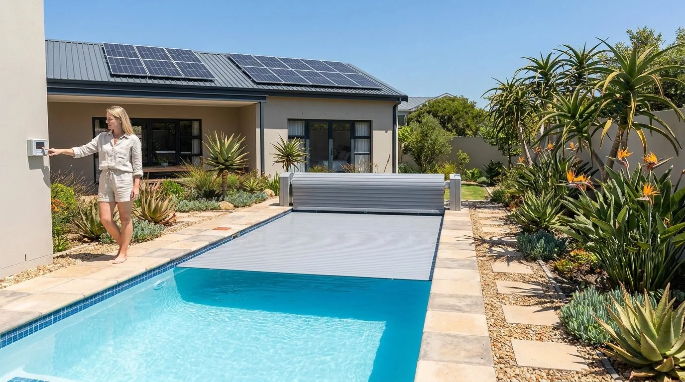 Woman operating an automatic pool cover beside a home with rooftop solar panels