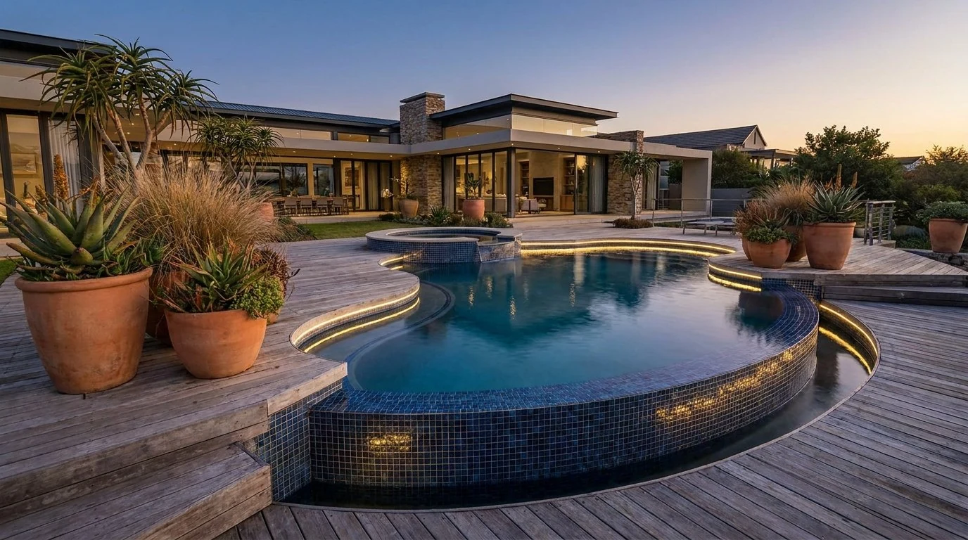 Freeform pool with LED edge lighting, terracotta pots and aloes at a modern home at dusk