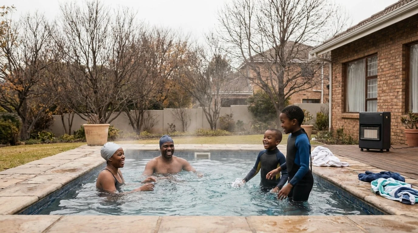 Family swimming in a steaming heated pool in winter with a gas patio heater nearby