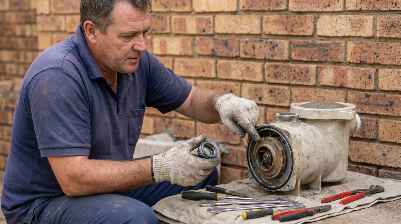 Pool technician stripping down a pump motor on a workbench for repair