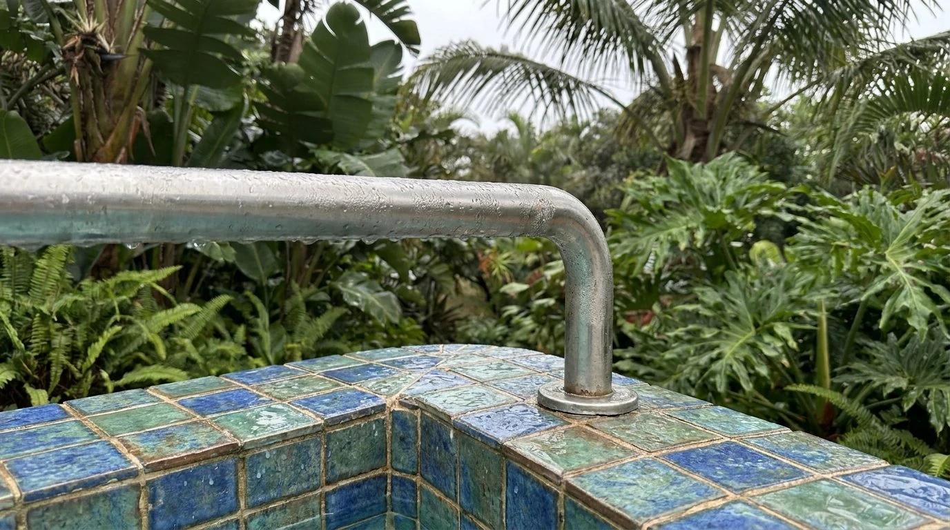 Close-up of blue-green ceramic pool tiling and a stainless rail in a lush Durban garden