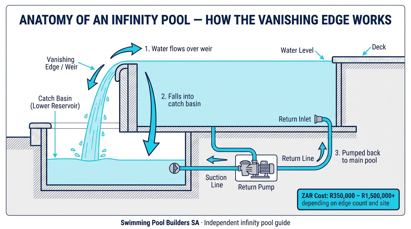 Cross-section anatomy diagram of an infinity-edge swimming pool explaining the three-stage hydraulic loop: (1) water flows over the vanishing-edge weir, (2) falls into the lower catch basin reservoir, (3) is pumped back through the suction line, return pump and return inlet into the main pool — with deck and water-level reference lines, and a R350,000 to R1,500,000+ ZAR cost band depending on edge count and site.