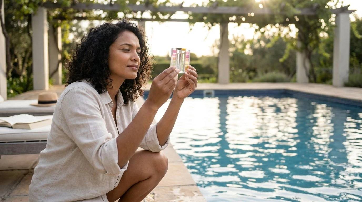 Woman holding a pool water test vial up to the light beside a poolside pergola