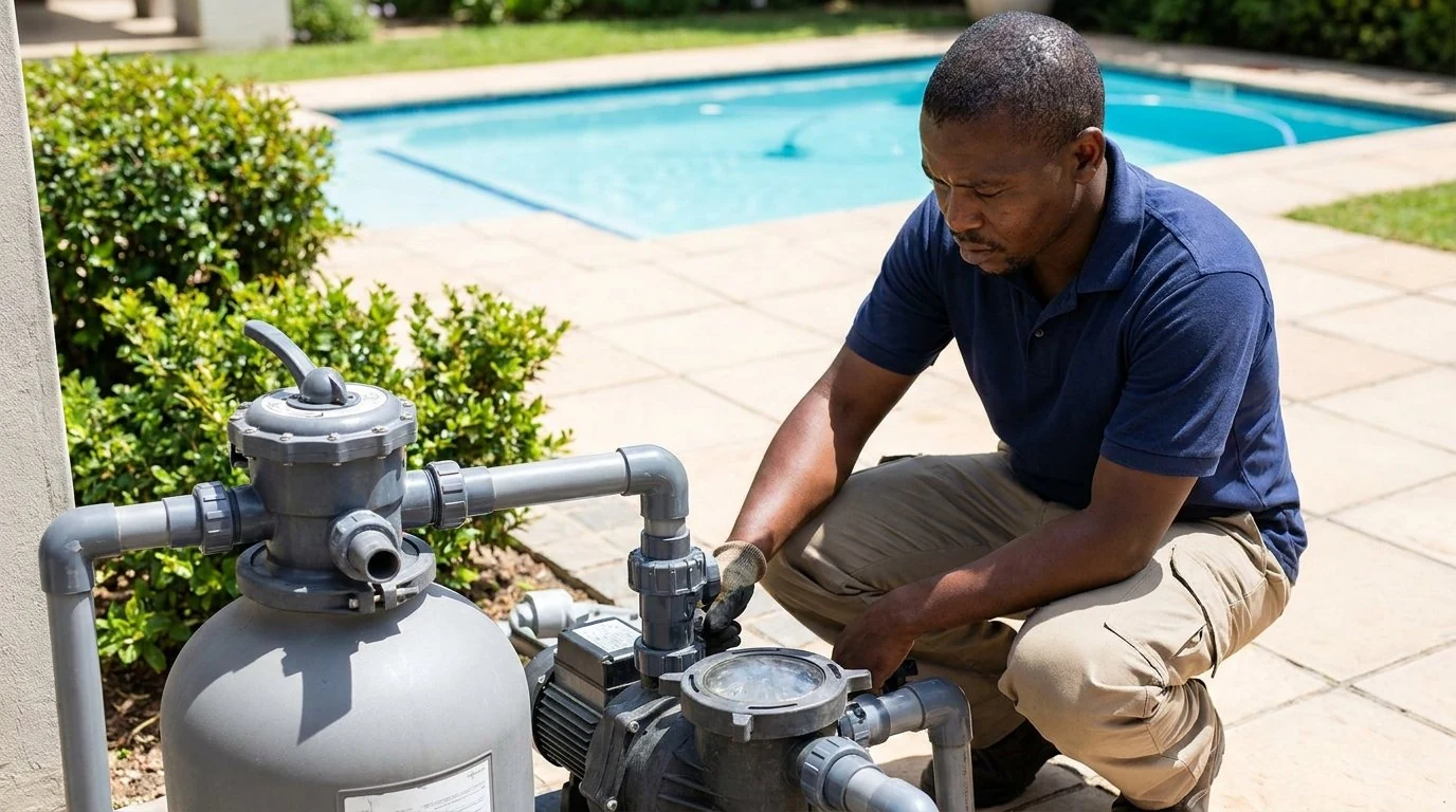 South African pool technician servicing a sand filter and pump beside a backyard pool