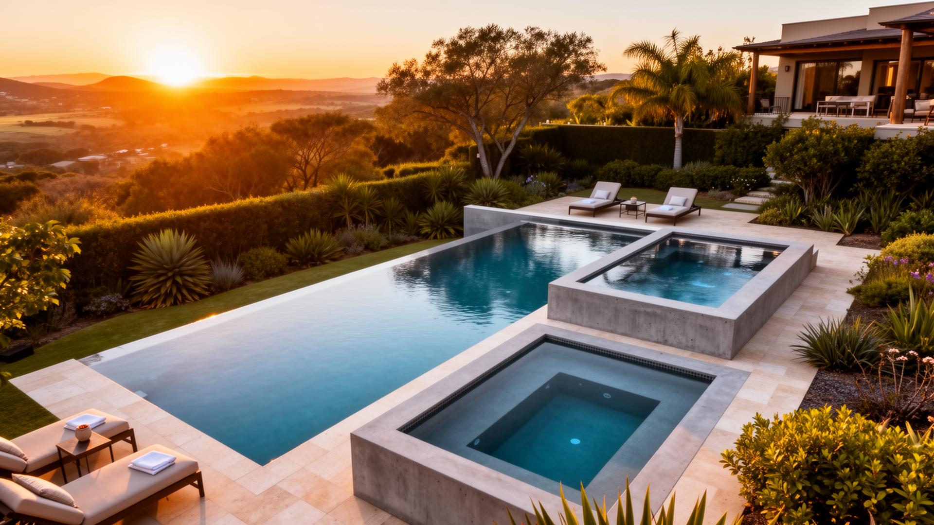 Aerial view of luxury swimming pools at golden hour showcasing infinity, concrete and plunge pool designs in South Africa