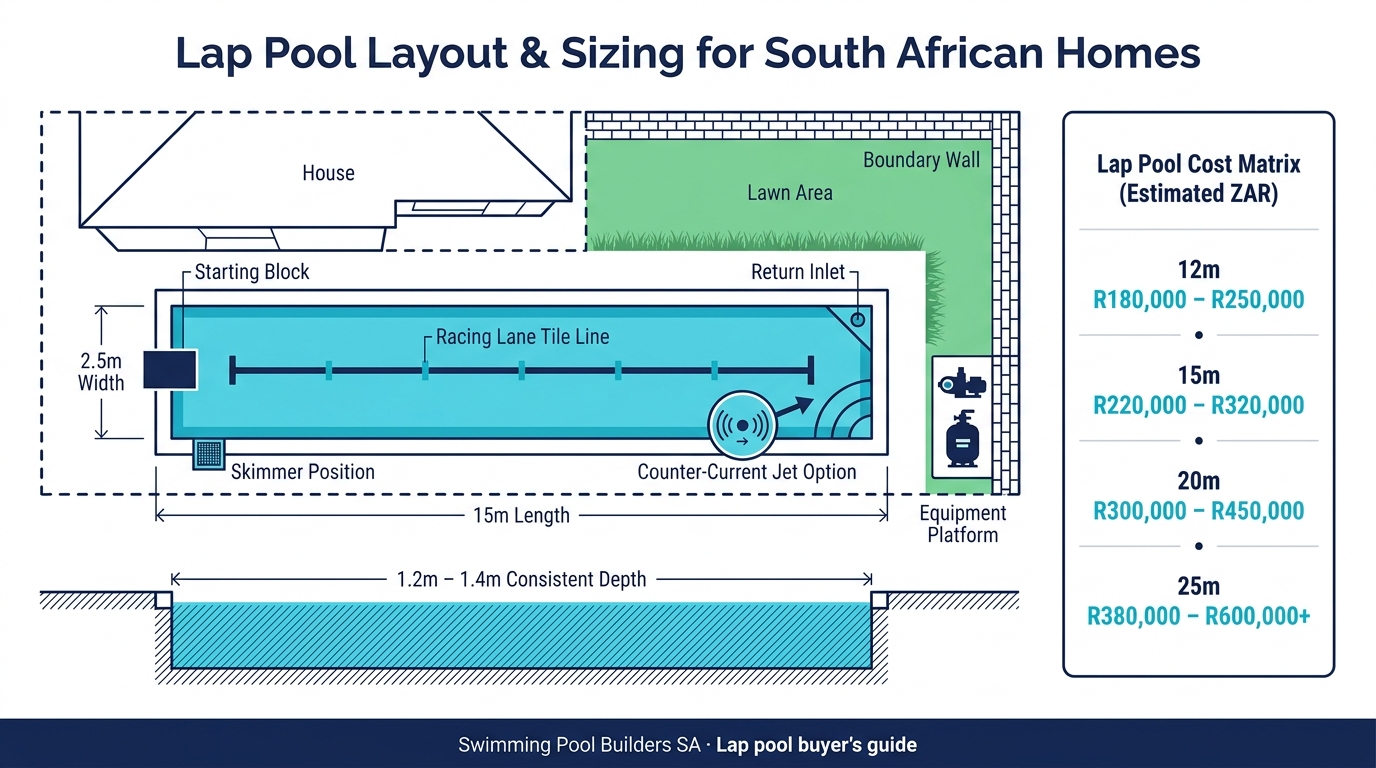 Lap pool layout diagram for South African homes showing plan view with 15m length, 2.5m width, starting block, racing lane tile line, counter-current jet option, skimmer, return inlet and equipment platform, plus a section view with 1.2m–1.4m consistent depth — alongside a ZAR cost matrix for 12m (R180,000–R250,000), 15m (R220,000–R320,000), 20m (R300,000–R450,000) and 25m (R380,000–R600,000+) lap pools.