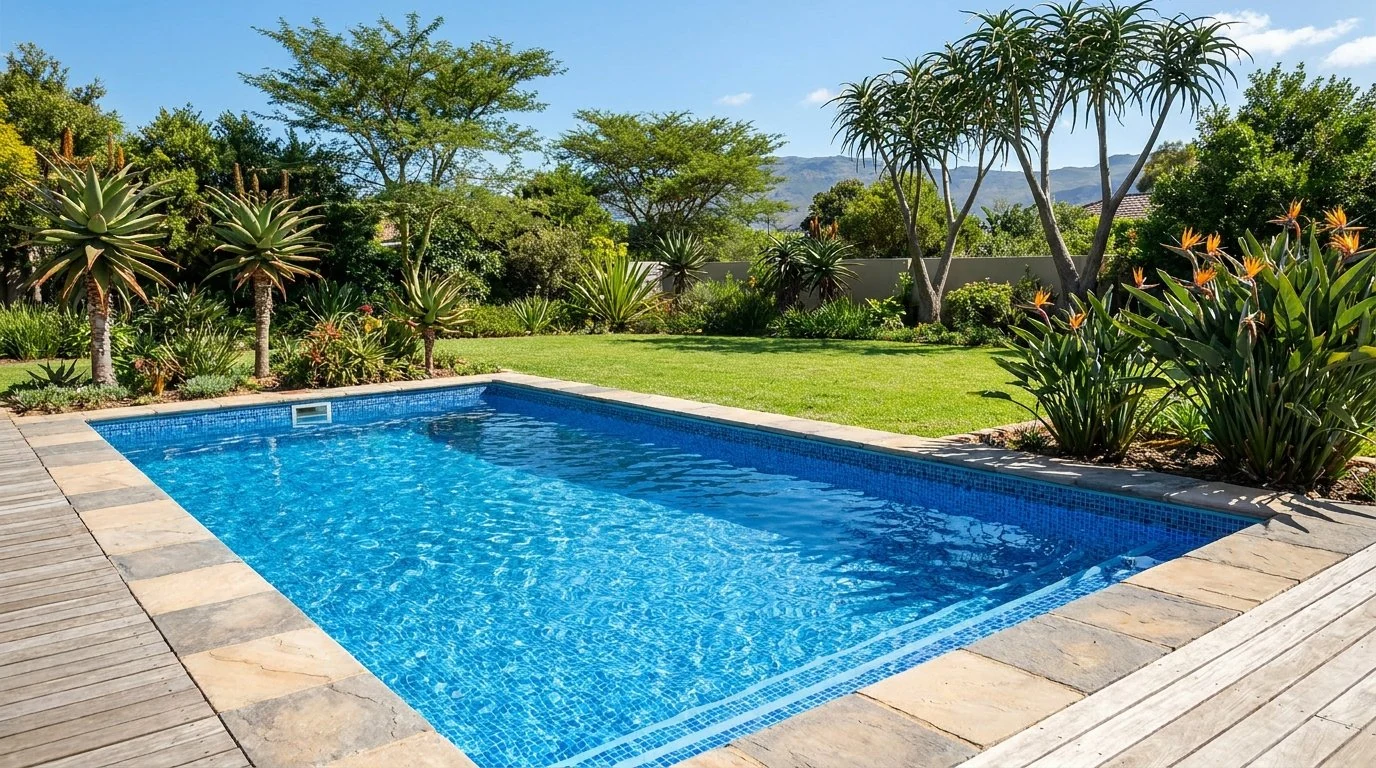 Rectangular blue vinyl-liner pool with sandstone coping in an aloe garden below mountains