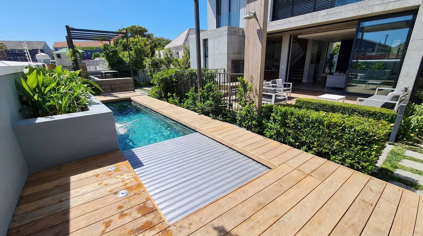 Slatted automatic pool cover half-rolled across a rectangular pool on a timber deck at a modern Cape Town home