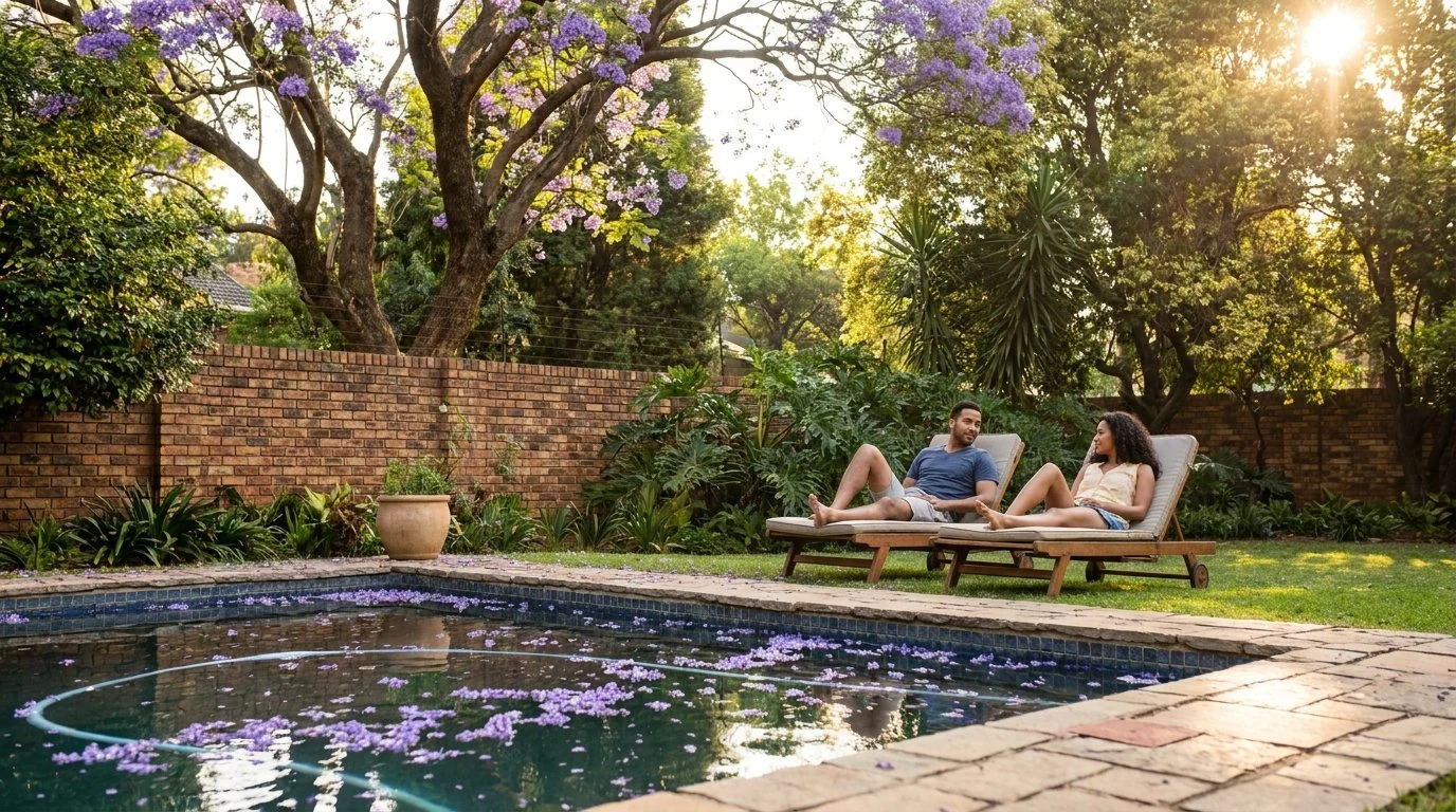 Couple relaxing on loungers beside a Pretoria pool under blooming jacaranda trees