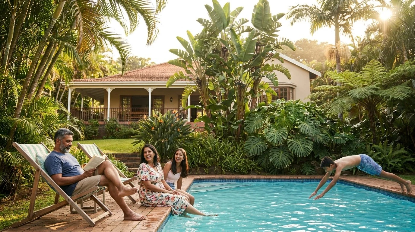Family relaxing beside a subtropical Durban swimming pool at golden hour as a boy dives in