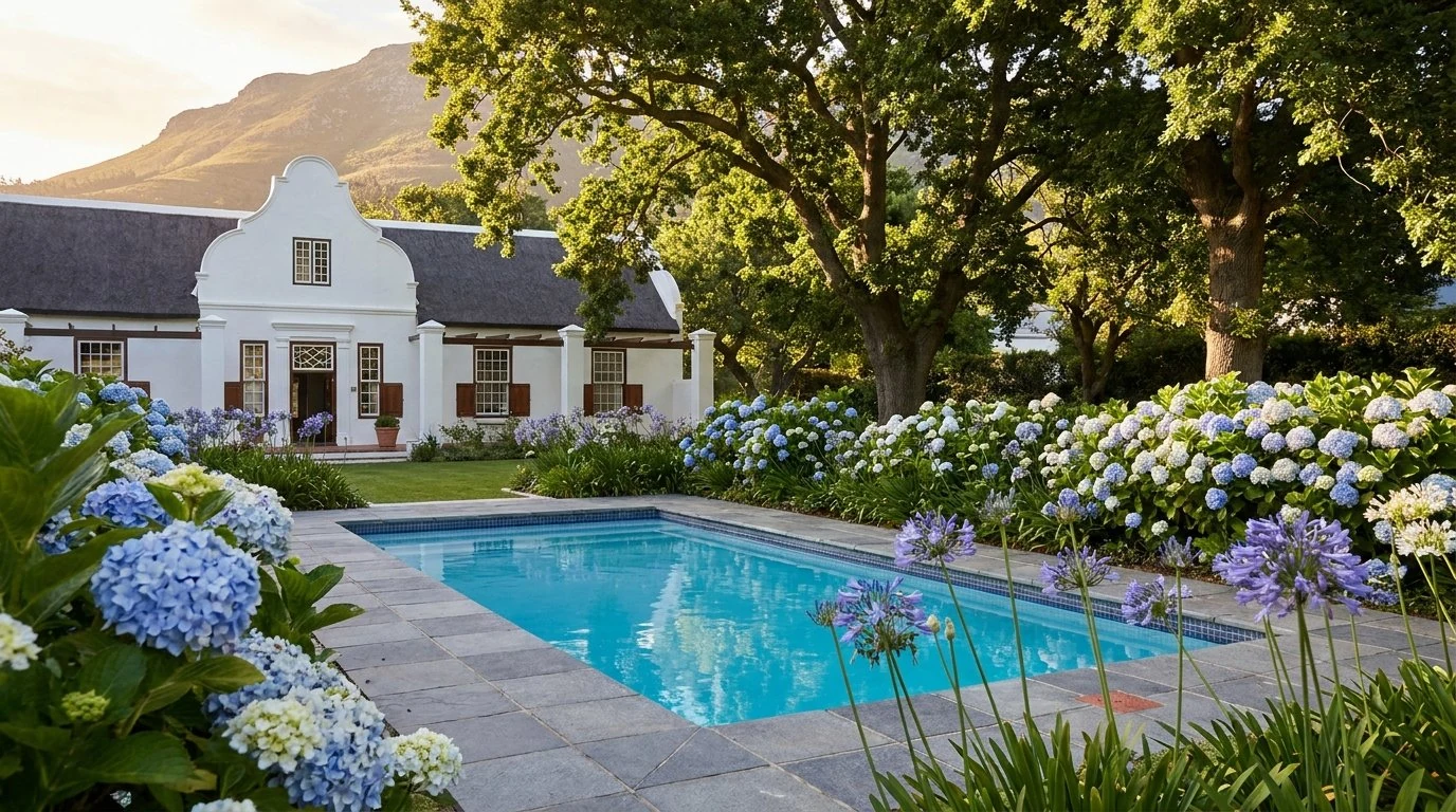 Cape Dutch home with a swimming pool surrounded by hydrangeas and oak trees