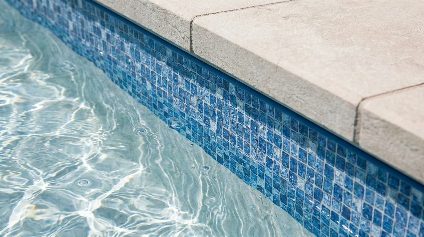 Blue glass mosaic waterline tiles against cream coping on a clear swimming pool