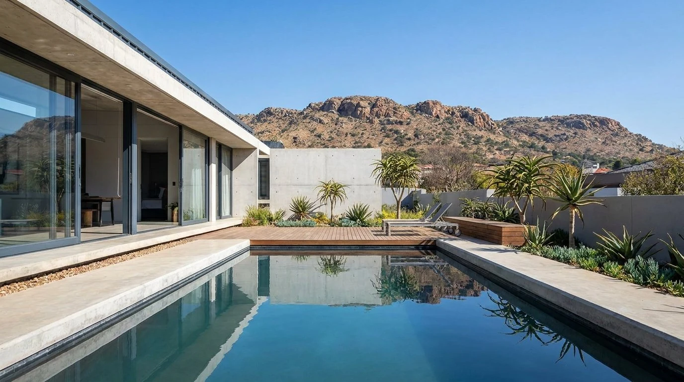 Off-shutter concrete Johannesburg home with a pool set against a granite koppie