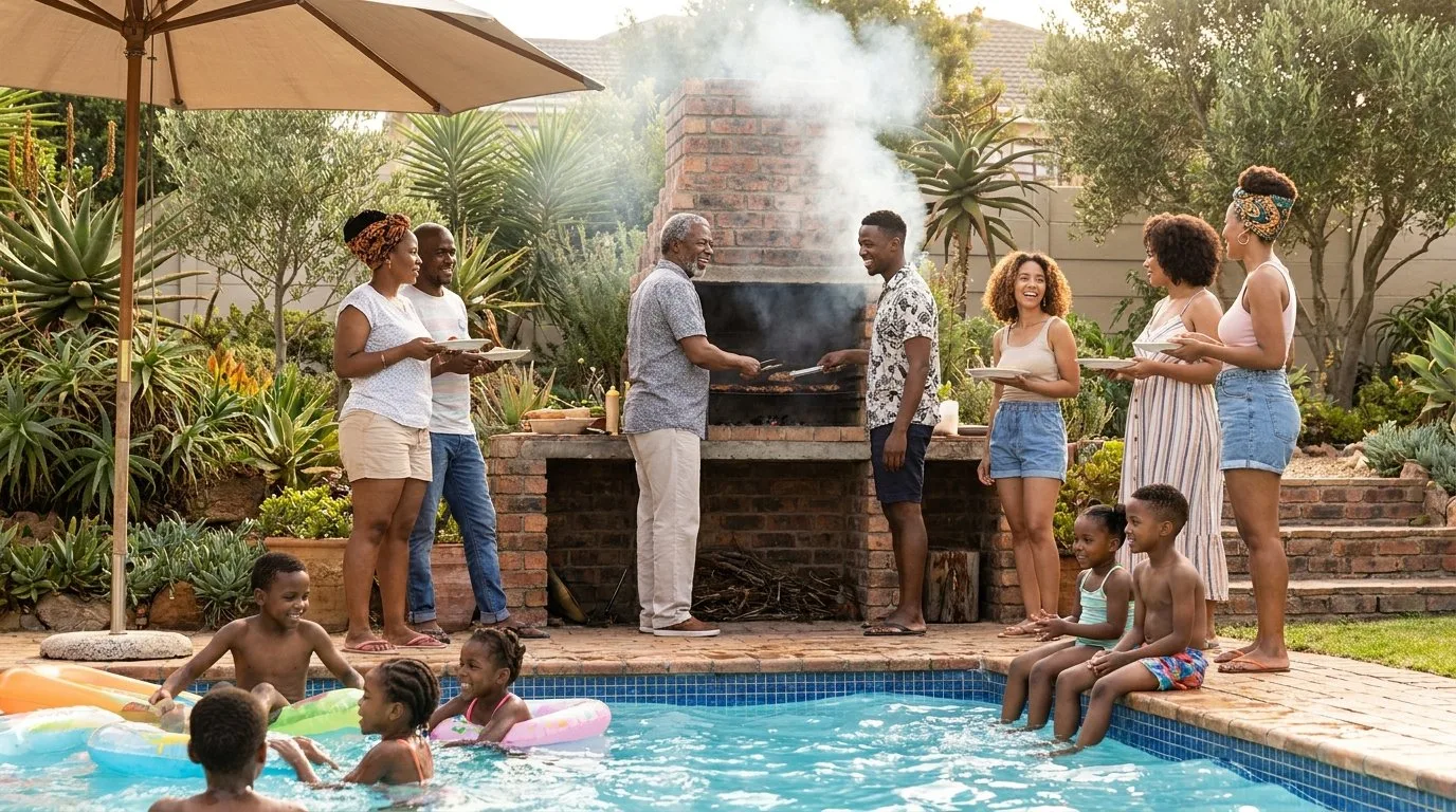 Multi-generational South African family at a poolside braai with children swimming