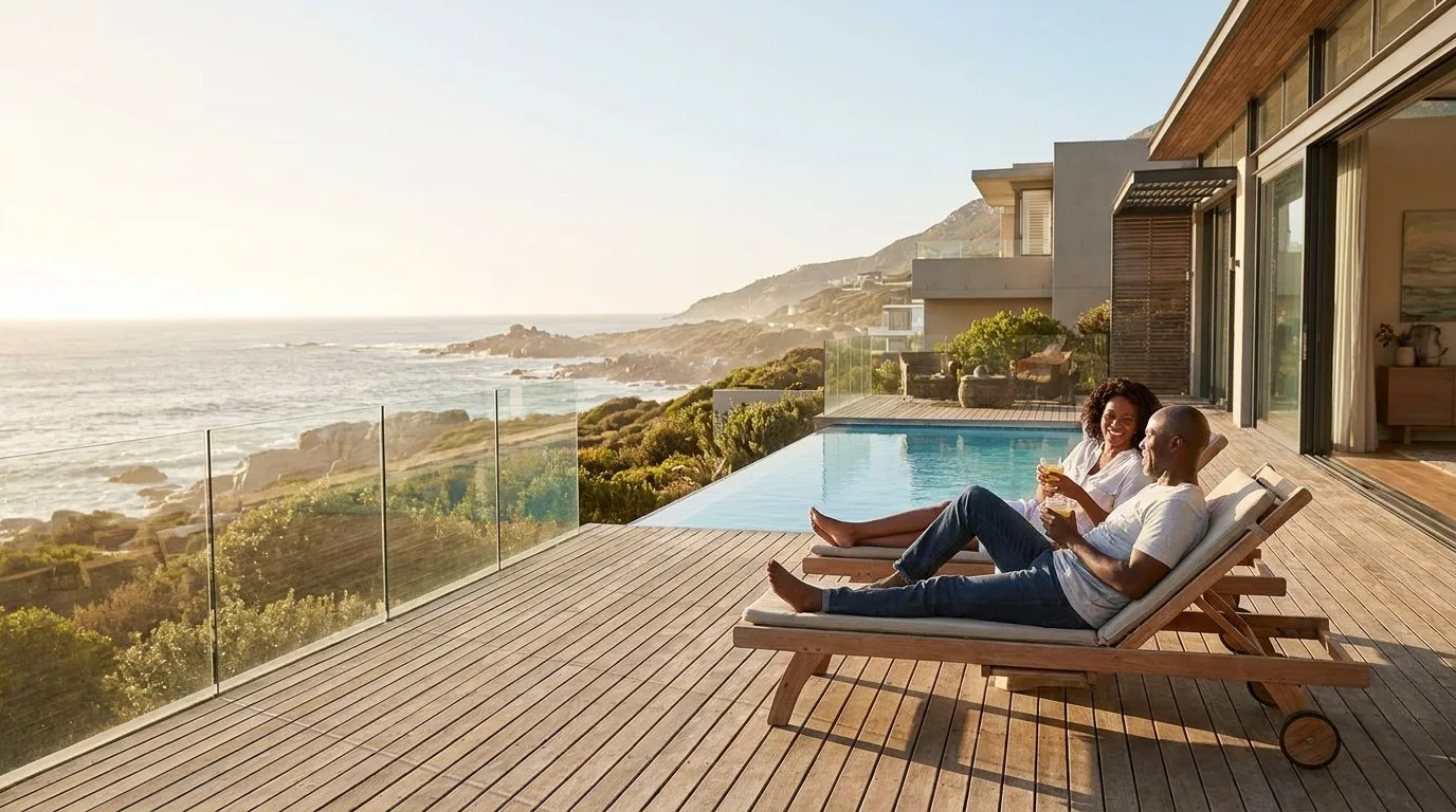 Couple relaxing by a clifftop pool overlooking the Atlantic near Cape Town at sunset