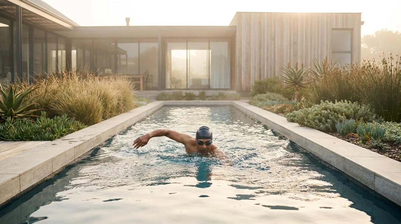 Man swimming laps at dawn in a narrow lap pool beside a modern home