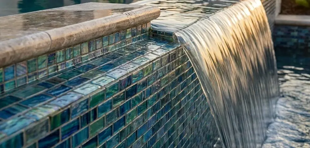 Iridescent glass mosaic spillway water feature on a swimming pool at sunset