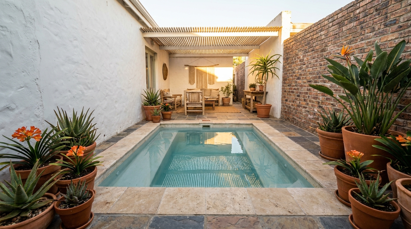Compact plunge pool with a seating ledge in a modern South African courtyard surrounded by aloes and terracotta pots