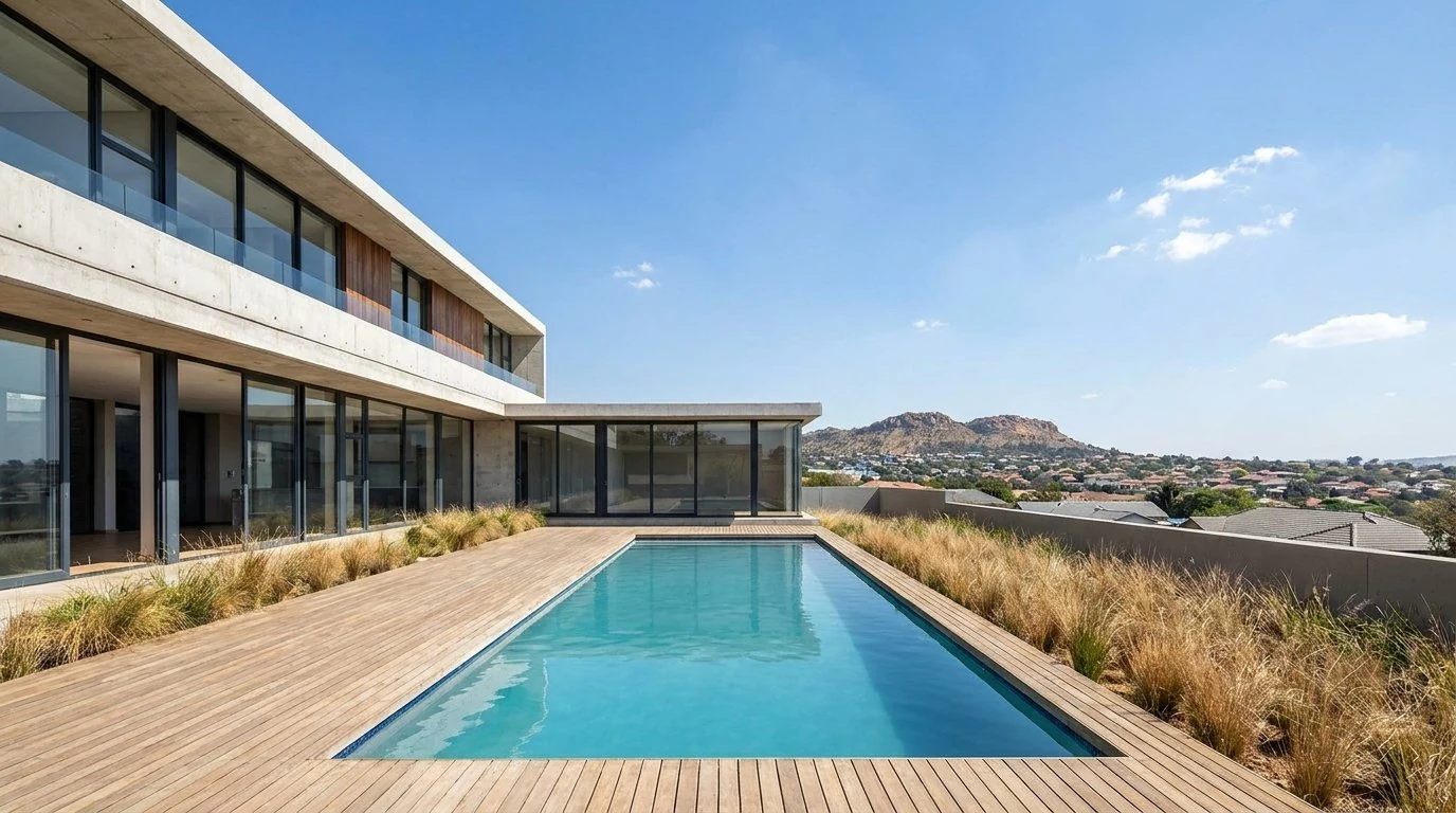 Modern Johannesburg home with a lap pool overlooking a koppie and suburb below