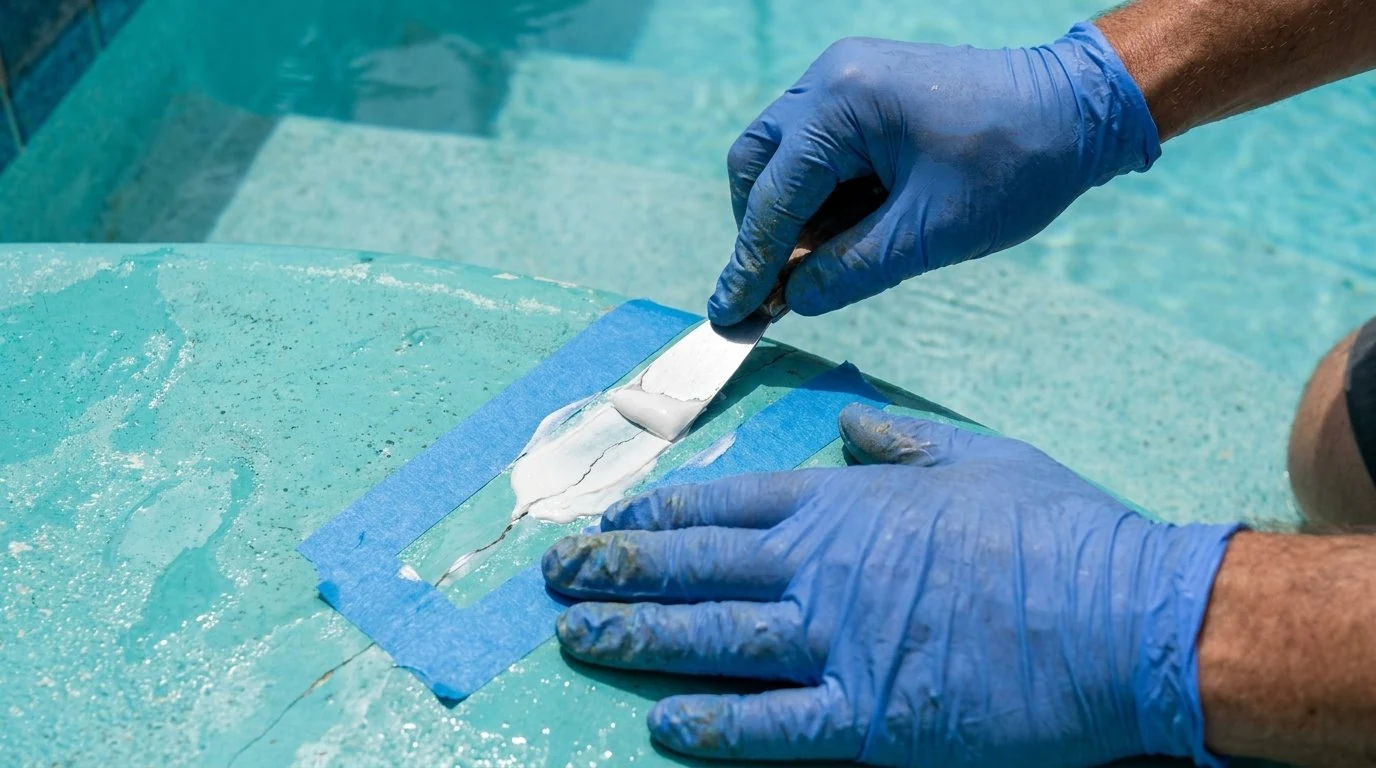Technician sanding and repairing a fibreglass pool gel-coat surface