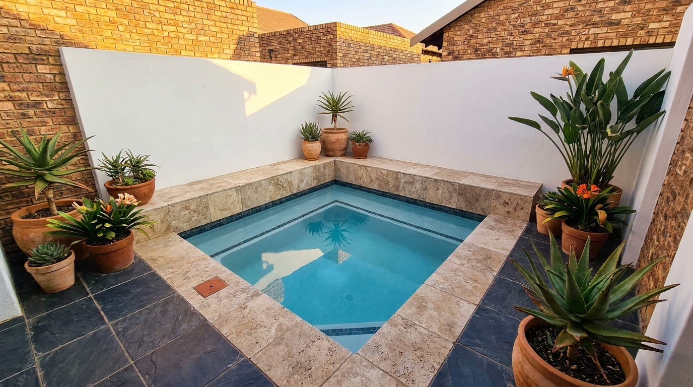 Small plunge pool with travertine coping and slate decking in a walled South African courtyard with aloes and strelitzia