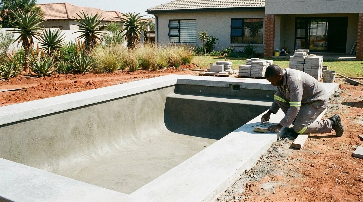 Builders plastering the shell of a new concrete swimming pool during construction