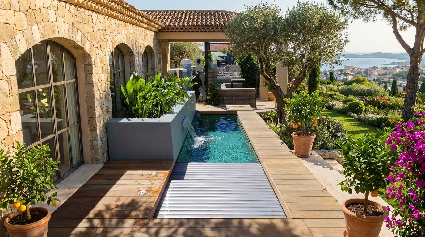Slatted automatic pool cover on a pool beside a Mediterranean-style stone villa with sea views