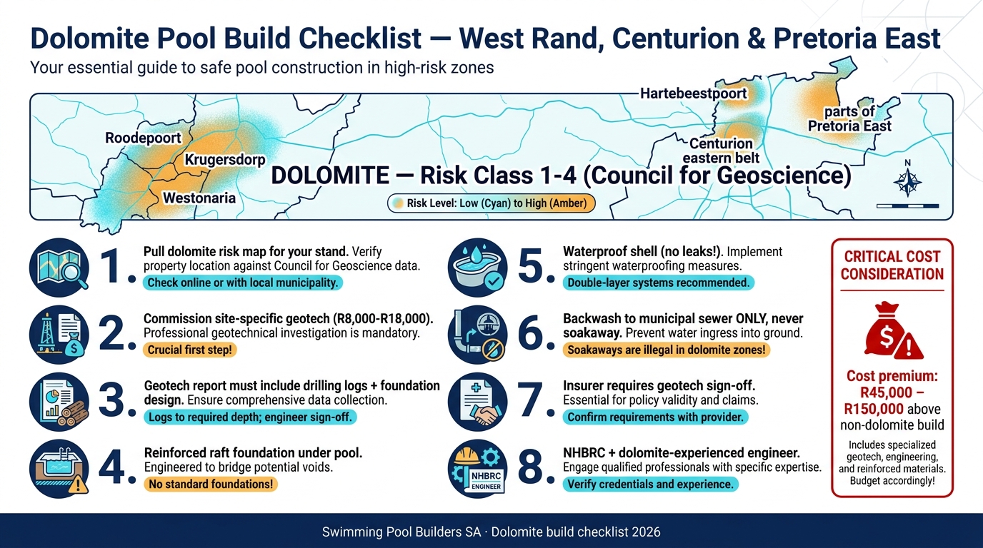 Eight-step dolomite pool build checklist for South Africa covering Council for Geoscience risk-class lookup, site-specific geotechnical investigation, geotech report scope, reinforced raft foundation, waterproof shell, sewer-routed backwash, insurer geotech sign-off and NHBRC dolomite-experienced engineer requirements — with West Rand, Krugersdorp, Centurion and Pretoria East risk-zone map.