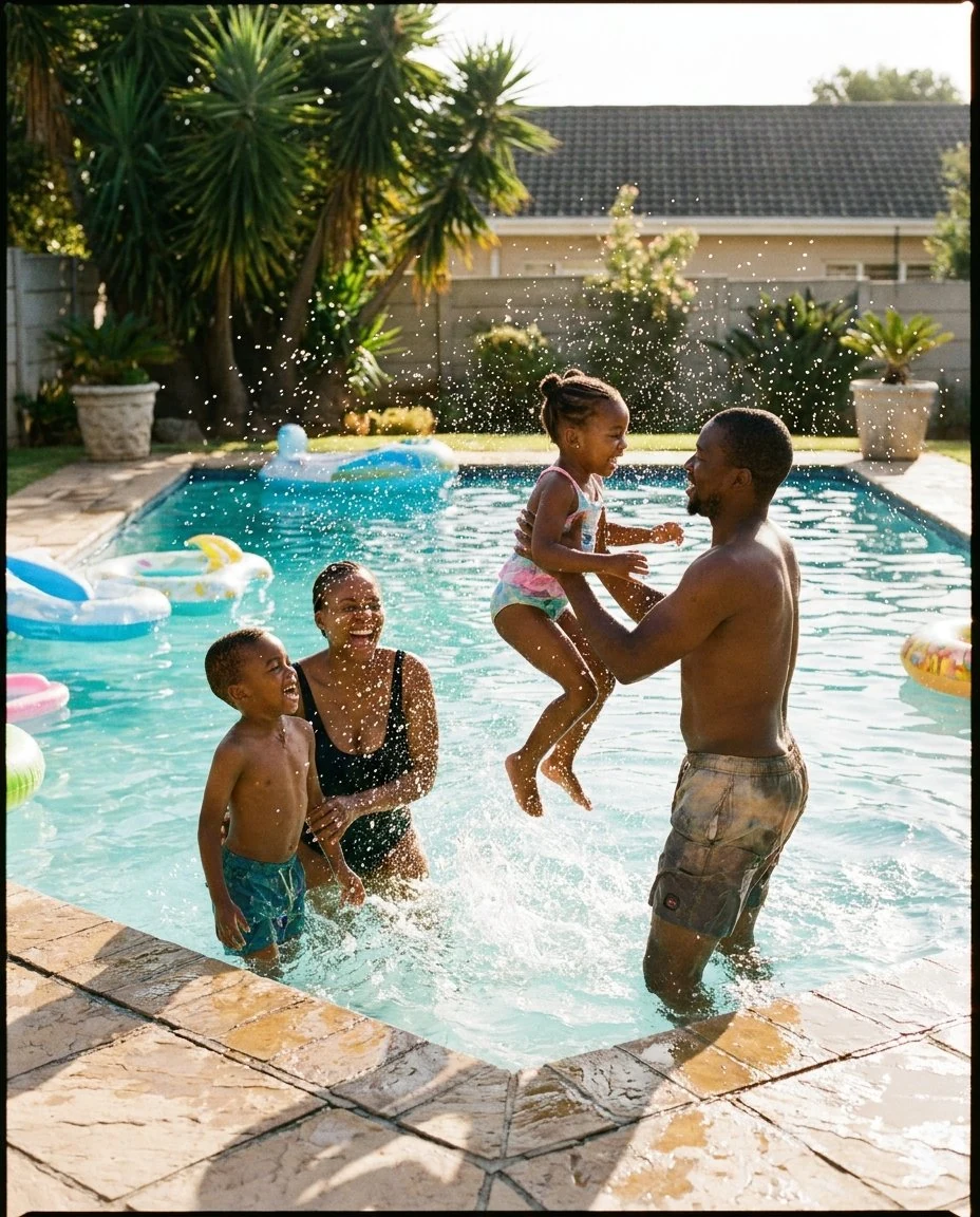 Father lifting his laughing toddler in the pool while the family plays