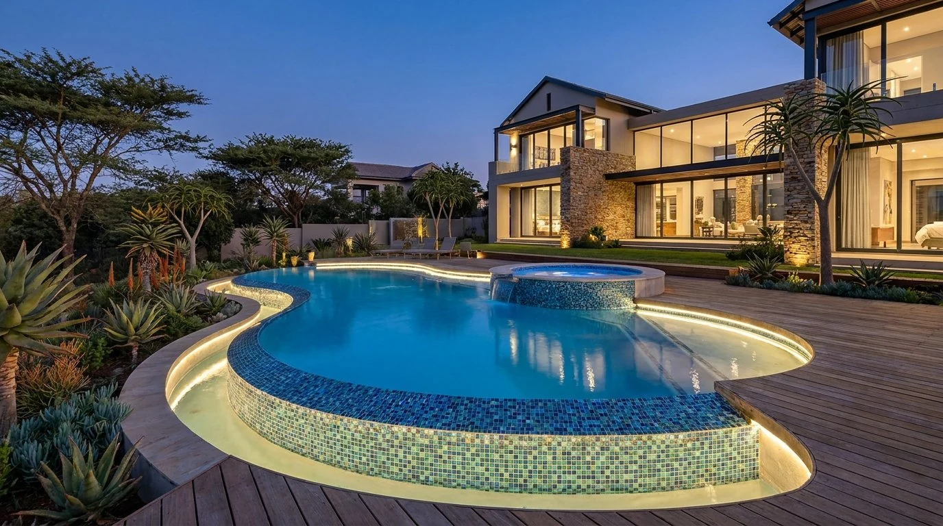 Luxury freeform pool and raised spa with glass mosaic and LED lighting at dusk
