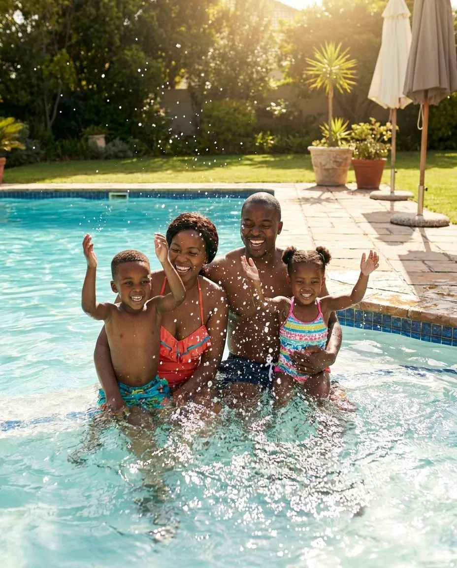 Black South African family splashing and playing together in their swimming pool