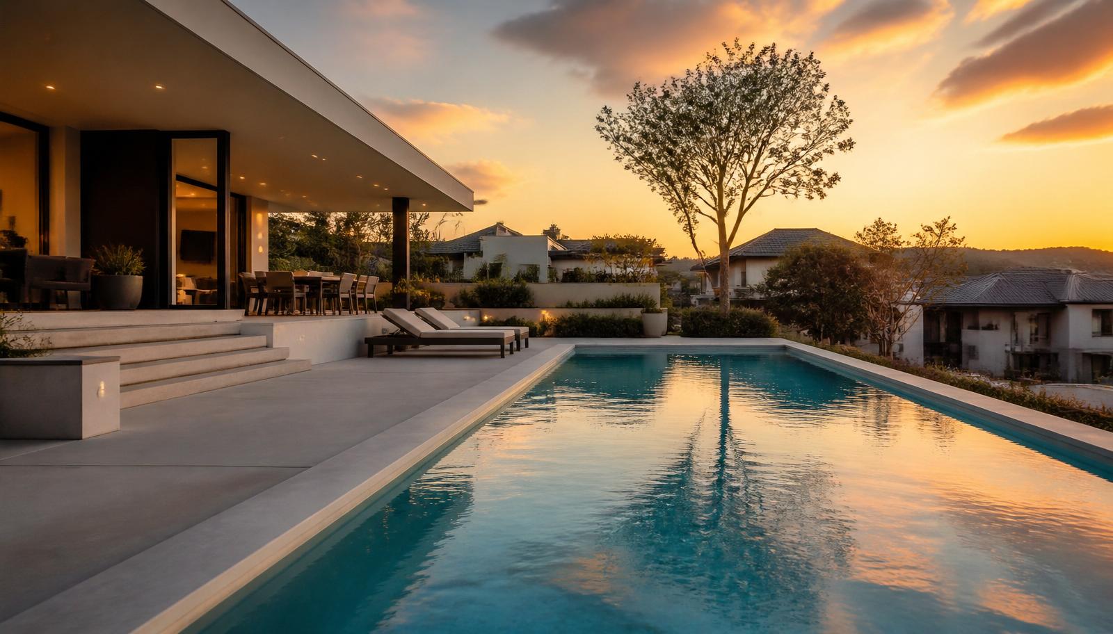 Modern concrete swimming pool at a South African family home at dusk