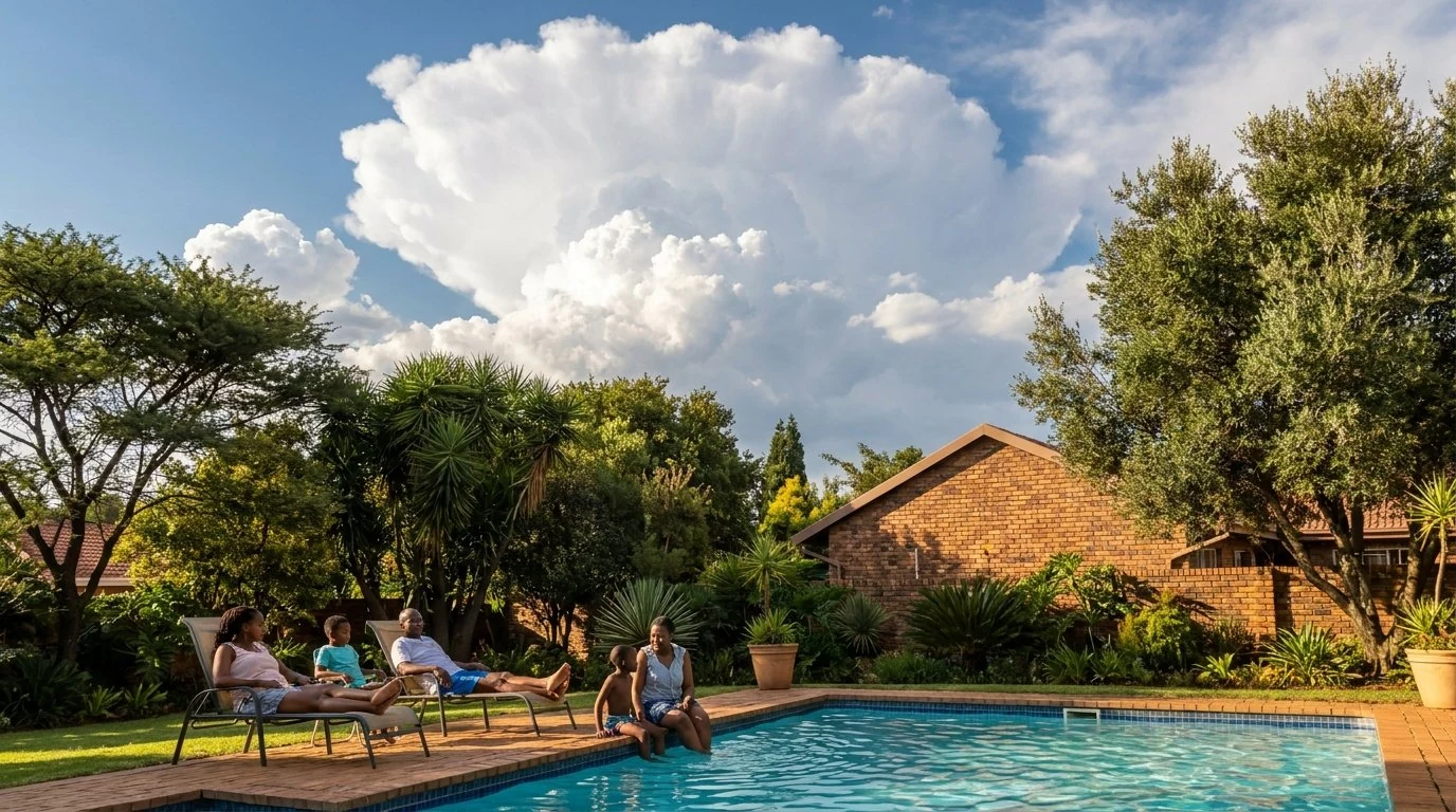 Family beside a Johannesburg pool under a towering Highveld summer thundercloud