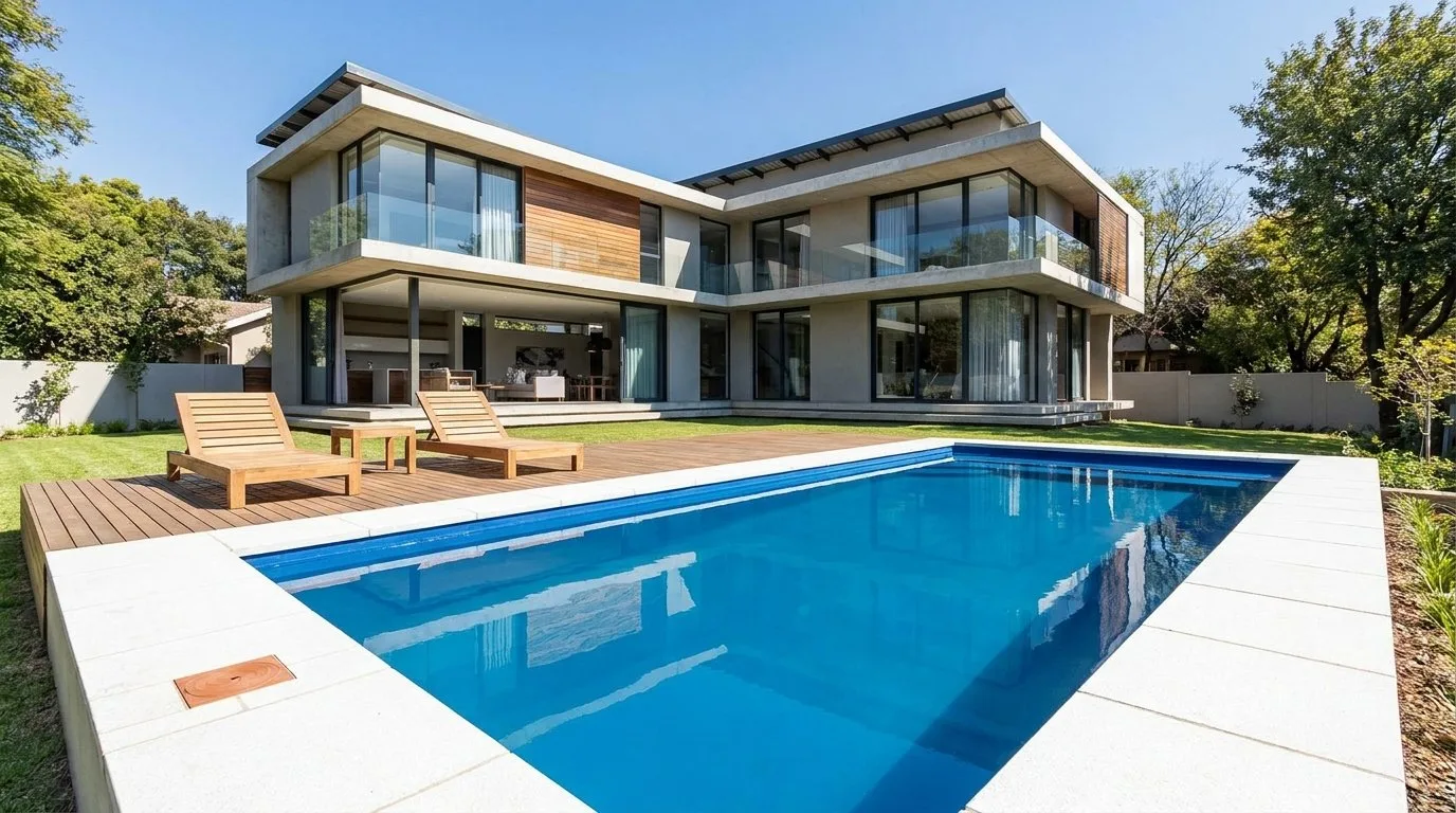 Modern fibreglass pool with timber deck and loungers at a contemporary South African home