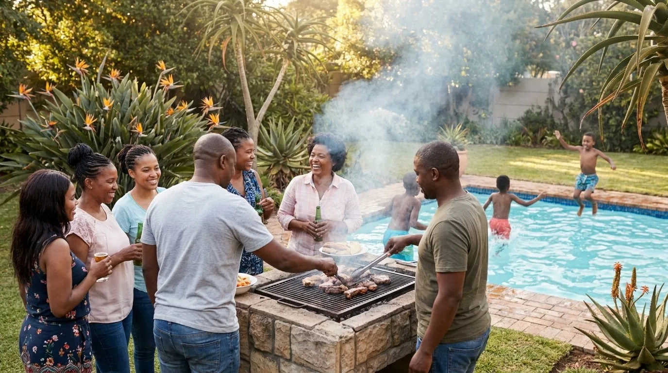 Family gathered around a braai beside the pool as a child jumps into the water