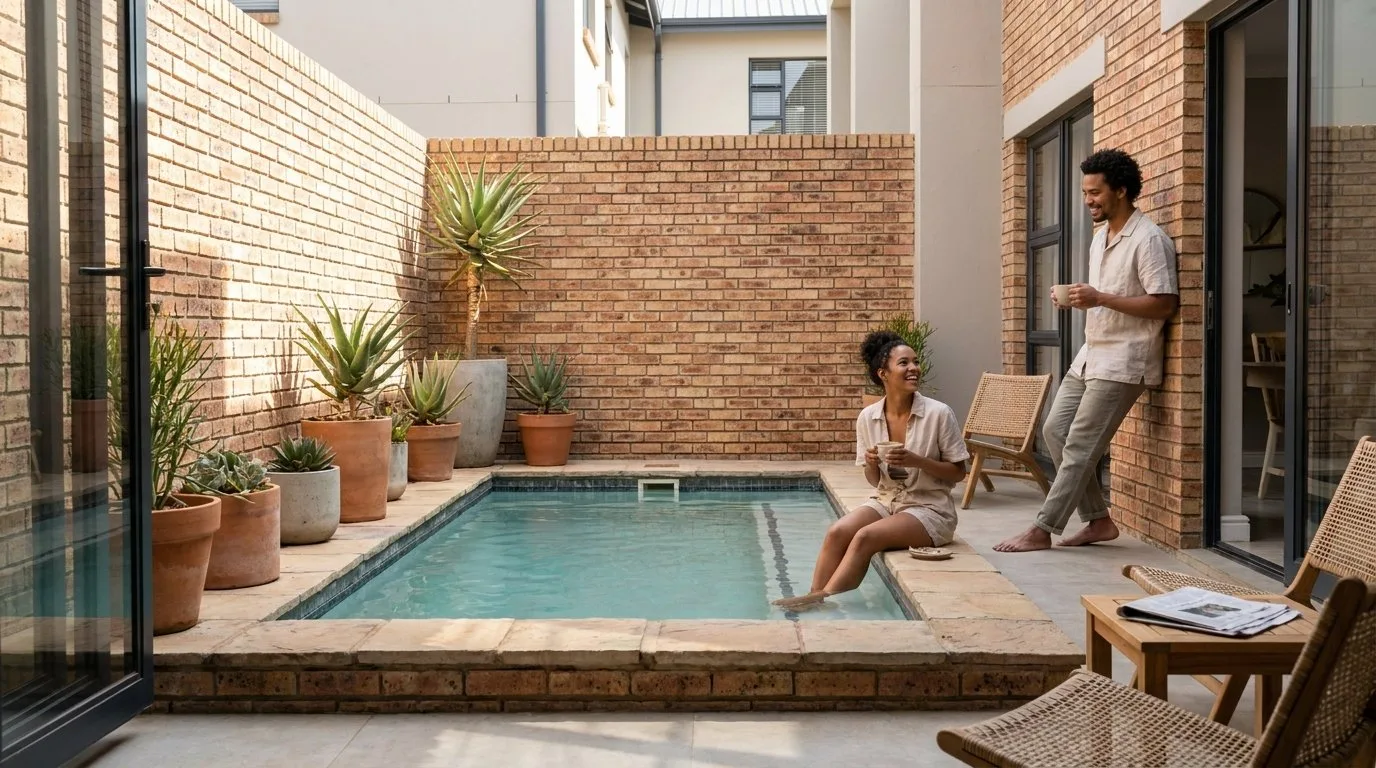 Young couple having coffee beside a compact plunge pool in a brick courtyard