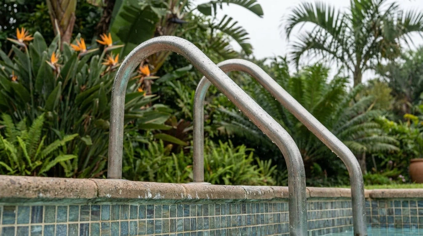 Stainless steel pool ladder beside strelitzia and mosaic tiling in a Durban garden