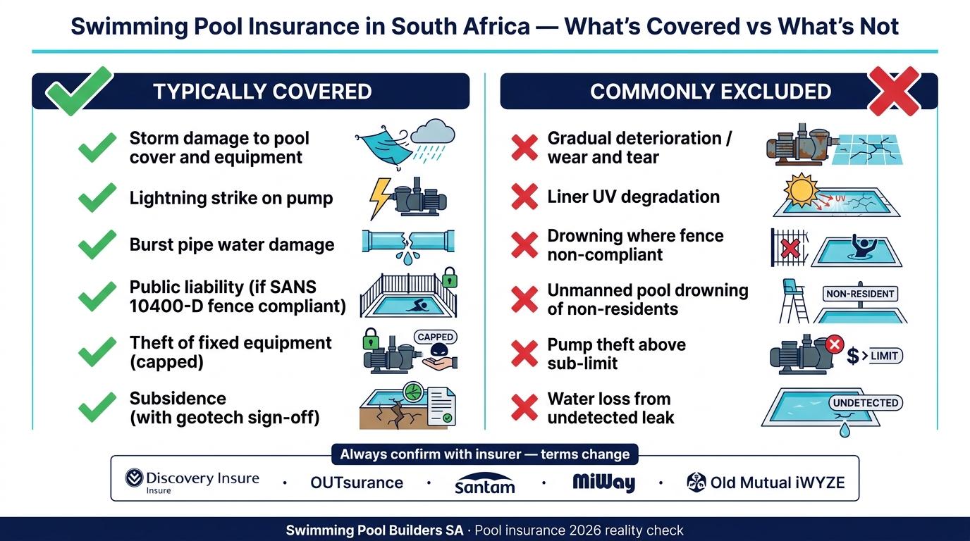 South African pool insurance summary contrasting what is typically covered (storm damage to cover and equipment, lightning strike on pump, burst-pipe water damage, public liability where SANS 10400-D fencing is compliant, theft of fixed equipment up to sub-limit, subsidence with geotech sign-off) against what is commonly excluded (gradual wear and tear, liner UV degradation, drowning incidents with non-compliant fencing, unmanned-pool drownings of non-residents, pump theft above sub-limit, water loss from undetected leaks).