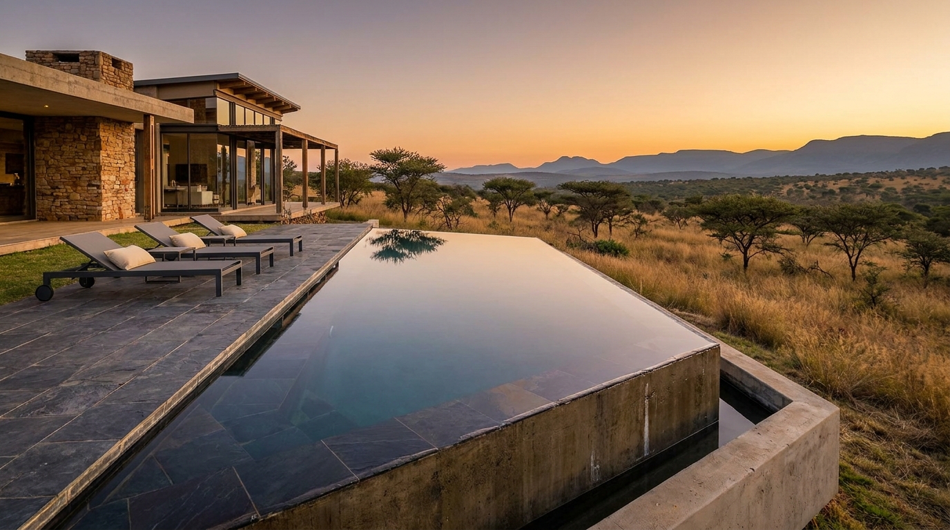 Infinity-edge pool on a modern South African home spilling toward a bushveld escarpment at golden hour