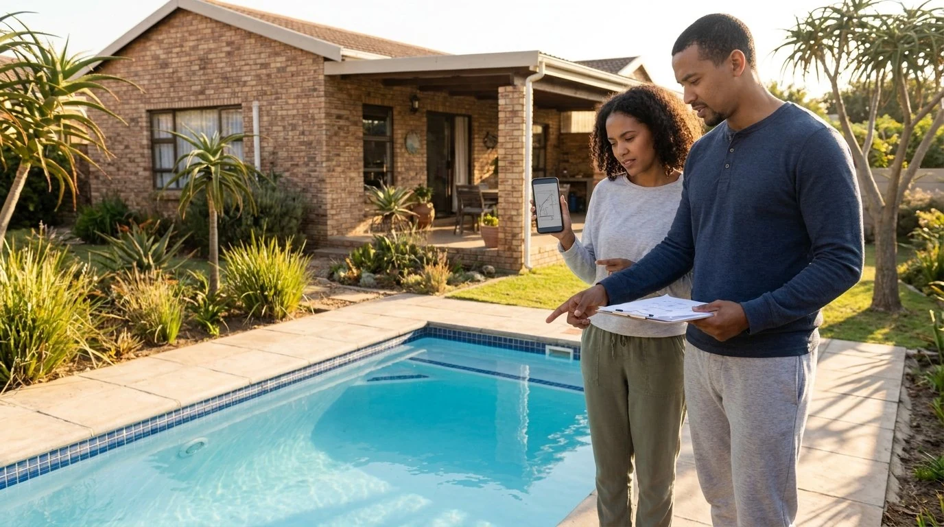 Mixed-heritage couple reviewing a printed swimming pool quote at a kitchen table