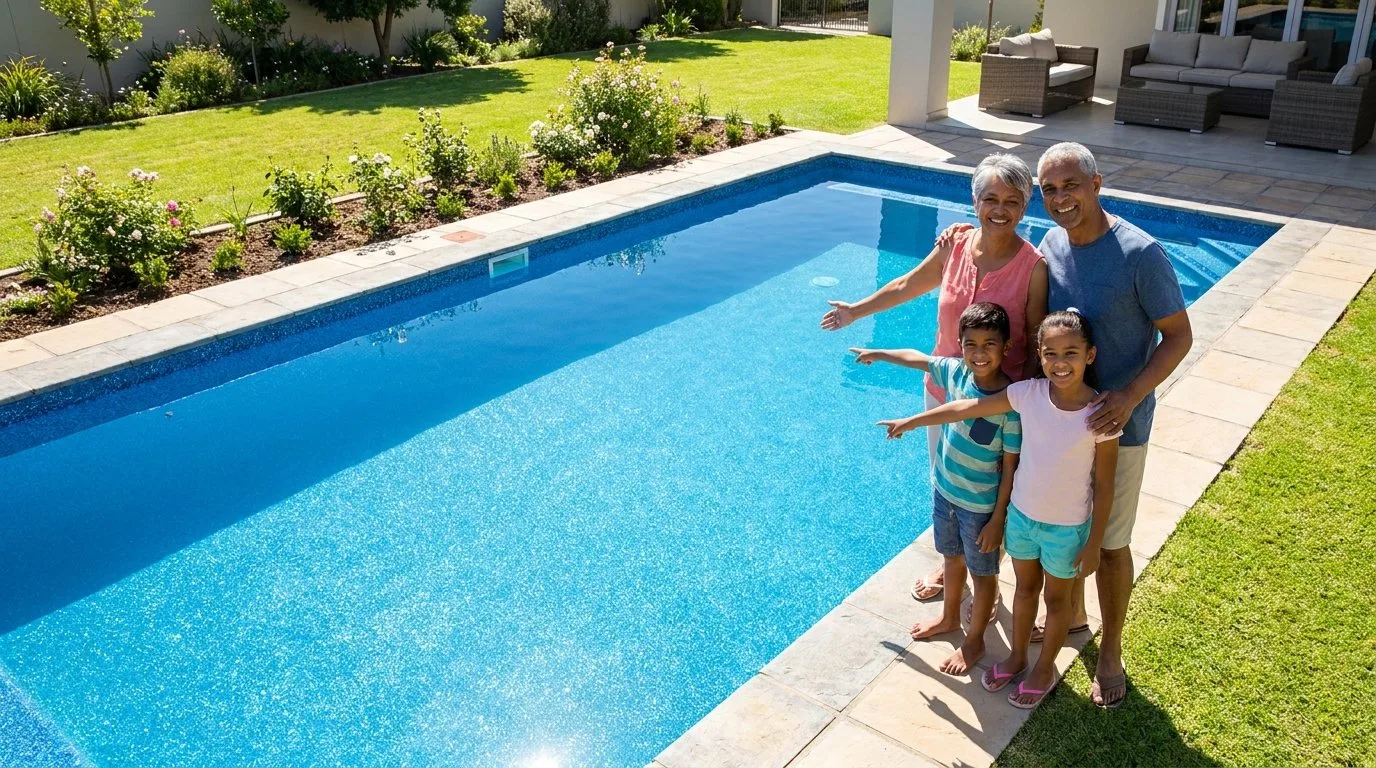Grandparents and grandchildren beside a freshly resurfaced pool in a sunny garden