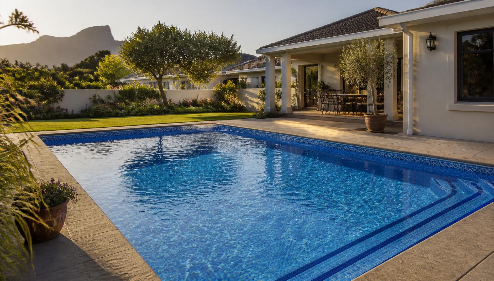 Vinyl-liner swimming pool with patterned blue liner in a suburban South African backyard